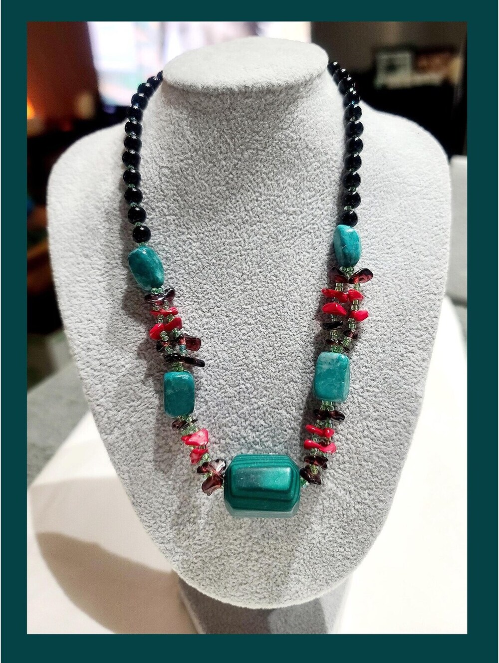 Beaded Statement Necklace - Simulated Malachite, Garnet and Carnelian/Red Coral